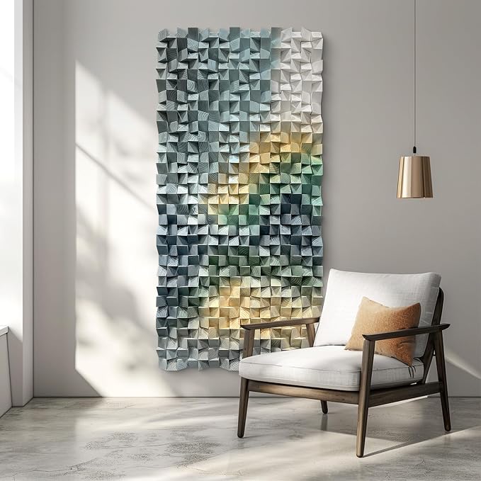 LIUZEYUE Faceted Geometric Mosaic, Dimensional Wood Wall Art, Wooden Decor | wood wall decor; muted green and sand, light-responsive relief; hotel guest suite statement wall; 27.6 x 55.1 in - Image 7