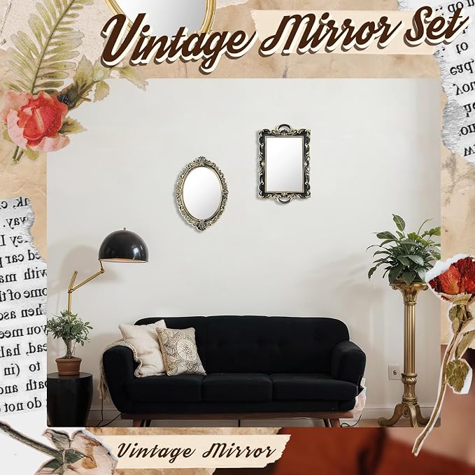 Beeveer 2 Style Vintage Mirrors Set Decorative Oval Wall Mirror Small Antique Mirrored Tray Decorative Hanging Mirror for Bathroom Bedroom Jewelry Organizer Victorian Decor (Square,Antique Gold) - Image 6