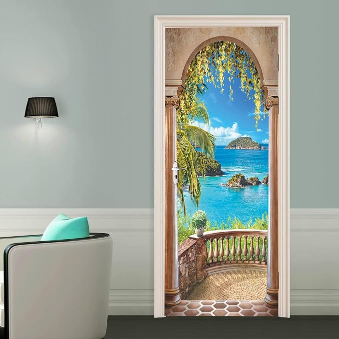 artfanke 3D Balcony Arch Seascape Peel and Stick Door Sticker 30.3"x78.7",Self-Adhesive Door Wall Murals Wallpaper Decal for Living Room Bedroom Decor (2 Sheets/Set) - Image 3