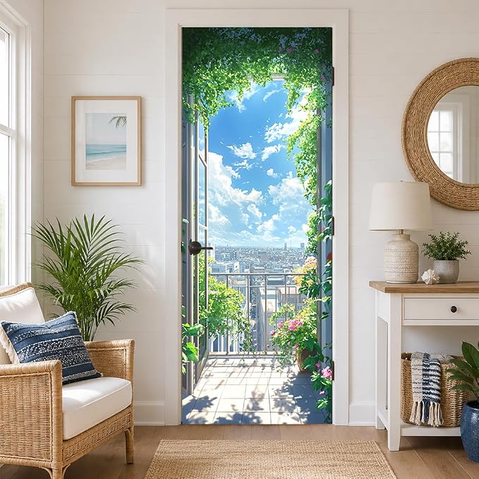 Scenic Balcony Door Mural 30.3x78.7 Inch Garden City View Door Cover | Waterproof PVC, 30.3" W x 78.7" L; scenic balcony design for bedroom, living room, office, entryway or closet door. by Cmialusie