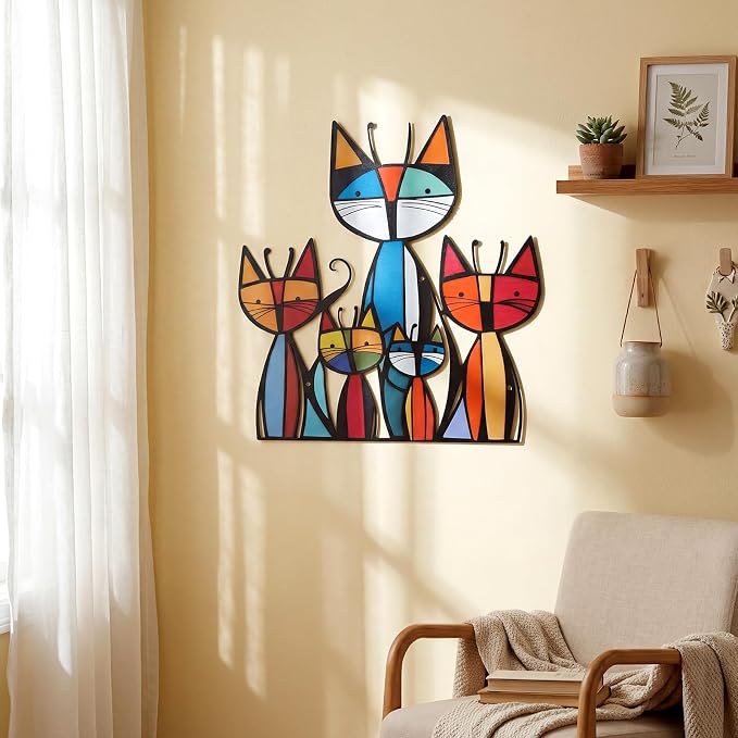 Wesiti Cat Wall Art Metal Sculpture Decor 10.2x11.8 Retro Mid Century | Colorful Geometric Feline Art, Metal Wall Hanging for Living Room Bedroom, Gift for Pet Lovers, Mid Century Modern - Image 3