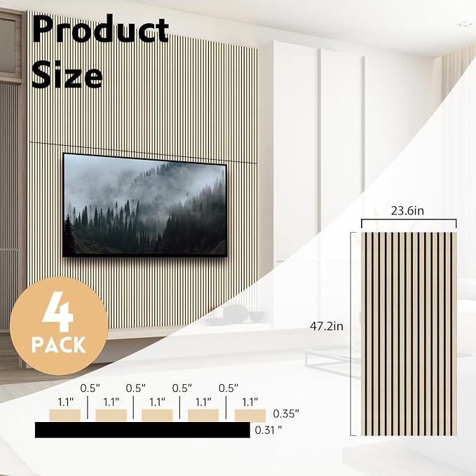 RITOLLO 4 Pack Wood Panels for Wall, 47.2"×23.6" Wood Slat Acoustic Panels for Wall, Soundproof Panels, 3D Fluted Panels for Interior Decor (Natural Oak) - Image 2