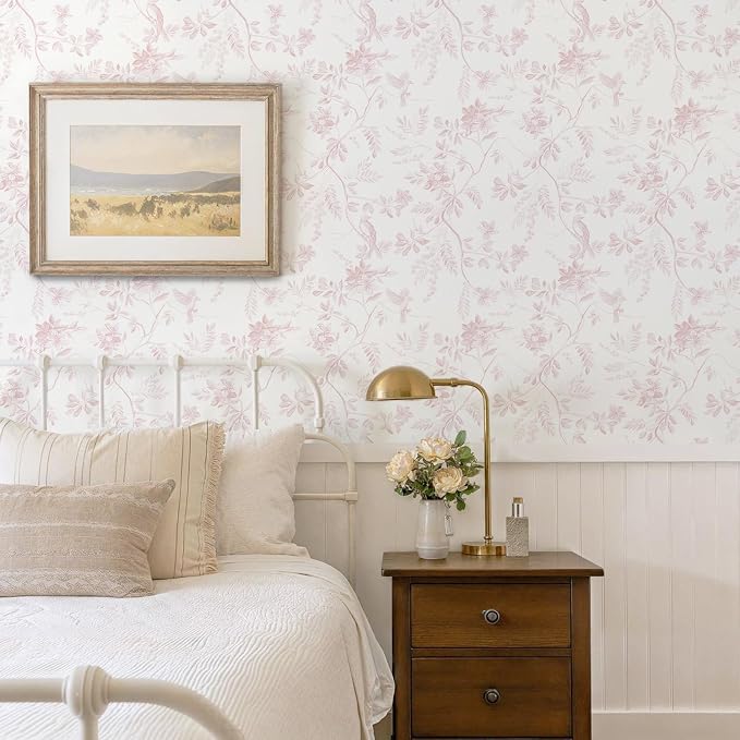 Dimoon Pink Peel and Stick Wallpaper Floral Contact Paper Boho Modern Cottage Wall Paper White Bird Village Wallpaper Renter Friendly Botanical Waterproof for Bathroom Kitchen 78.7"x17.3" by DIYYOURMOON