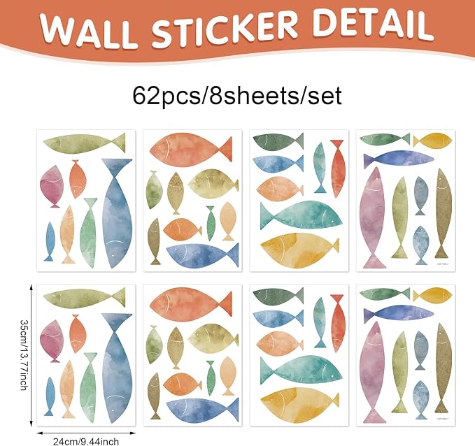 62 Pcs Watercolor Ocean Fish Wall Decals, Peel and Stick Ocean Wall Sticker, Removable Vibrant Sea Life Underwater Theme Wall Decor for Kids Room Nursery Bedroom Playroom Classroom - Image 2