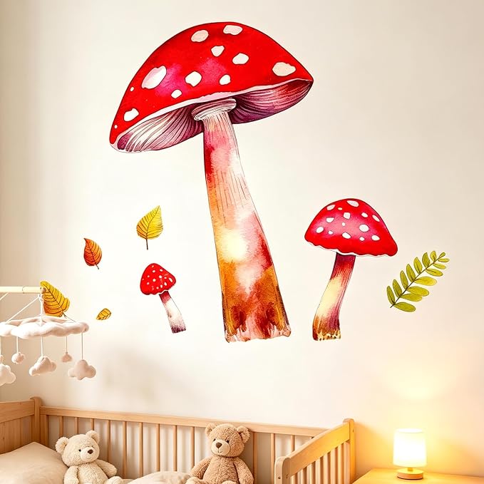 Red Mushroom Woodland Fall Leaves Nursery Wall Decals for Kids Room Decor | Boho watercolor peel and stick removable vinyl DIY wall decor sticker for kids nursery living room bedroom playroom classroom - Image 4