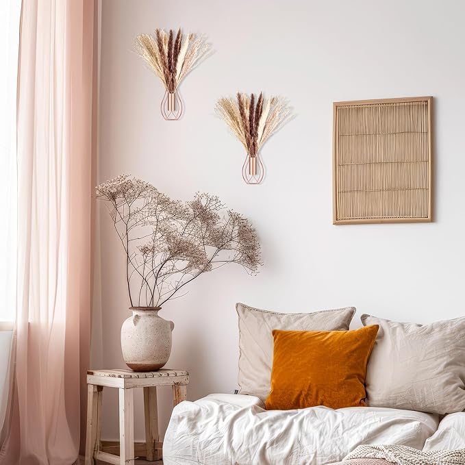 Otoolling Boho Wall Decor Set of 2 – Metal Hanging Wall Art with Faux Pampas or Eucalyptus,Minimalist Bohemian Accent for Living Room, Bedroom, Entryway(Rose Gold,Pampas) - Image 5