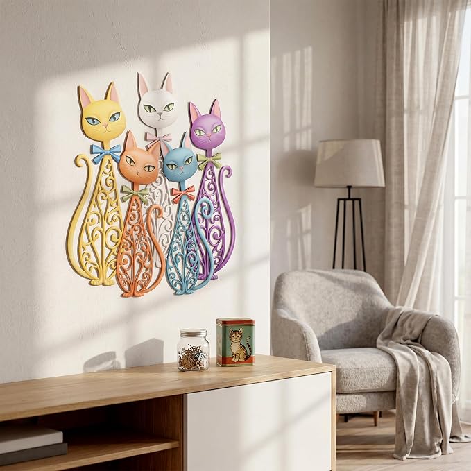 Wesiti 5 Pcs Cat Metal Wall Art, Colorful Retro Mid Century 10.5x11 | Hollow Iron Sculptures for Cat Lovers, Home Living Room Bedroom Kitchen Office Decor, Vintage Artistic Design - Image 4