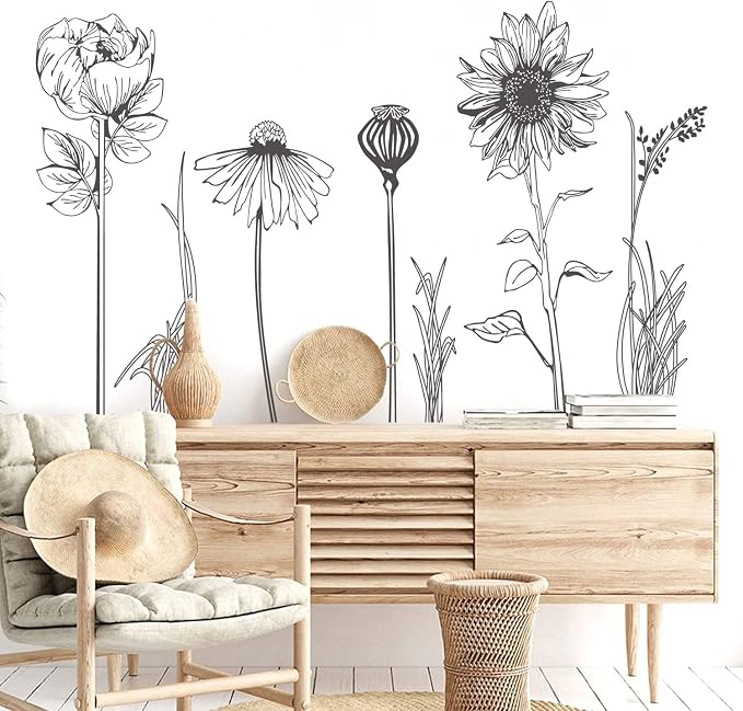Black Simple Flower Plant Wall Decals, 2 Sheets Large Boho Floral Modern Wall Stickers Peel Stick Sketch Wildflower Wallpaper Art Decor for Bedroom Living Room Office Gifts for Mom(11.8x35.4 in/Sheet) - Image 3