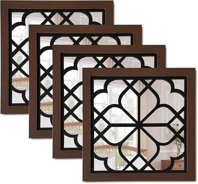 ZEXUIRU 4 Set Rustic Wall Mirrors for Bedroom Bathroom Living Room Entryway Wood Farmhouse Square Easy to Hang Framed Decorative Accent Hanging Wall-Mounted Mirror Set for Living Room -Walnut by ZEXUIRU