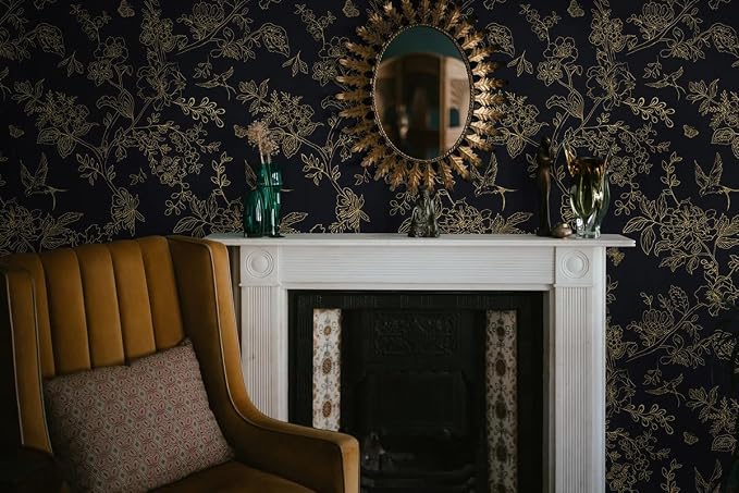 Froluya Black Gold Floral Wallpaper Peel and Stick Wallpaper 17.7in×118.1in | Dark Floral Contact Paper Peel and Stick Vintage Boho Birds Removable Self Adhesive Wallpaper for Bathroom Cabinets Vinyl - Image 7