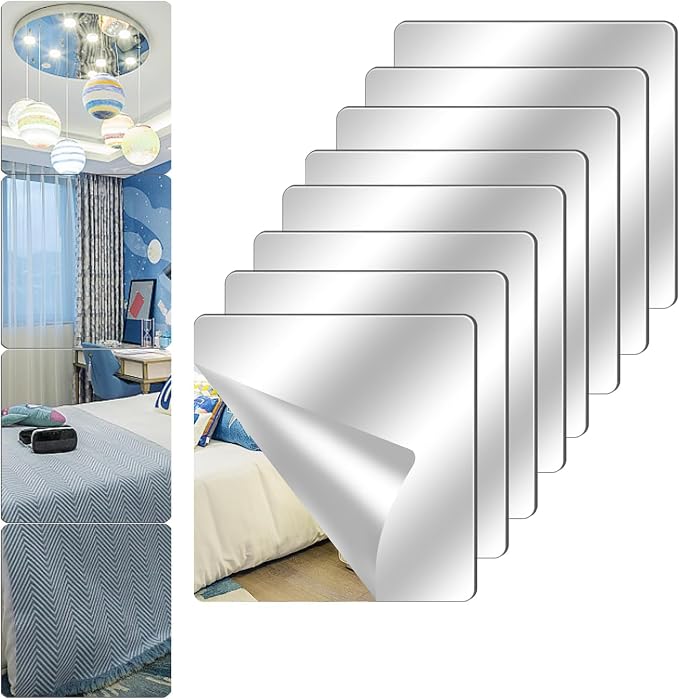 8 Pack Acrylic Mirrors for Wall,12" x 12" Self Adhesive Frameless Small Mirror Tiles, Flexible Plastic Mirror Sheets for Home Wall Decor Bedroom Gym DIY (8, 12"x 12") by Unknown