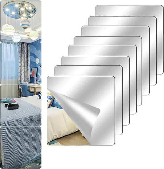 8 Pack Acrylic Mirrors for Wall,12" x 12" Self Adhesive Frameless Small Mirror Tiles, Flexible Plastic Mirror Sheets for Home Wall Decor Bedroom Gym DIY (8, 12"x 12") by Unknown