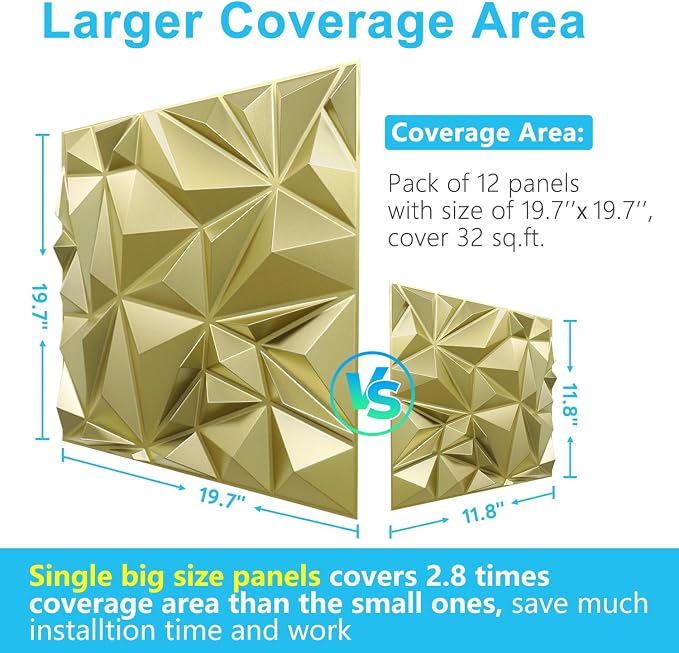 STICKGOO 3D Wall Panels, Champaign Gold Diamond Design, 19.7" x 19.7" | Accent Wall Panels for Interior Wall Decor, Living Room, Lobby, Bedroom, Office, Cover 32.4 Sq.Ft - Image 6
