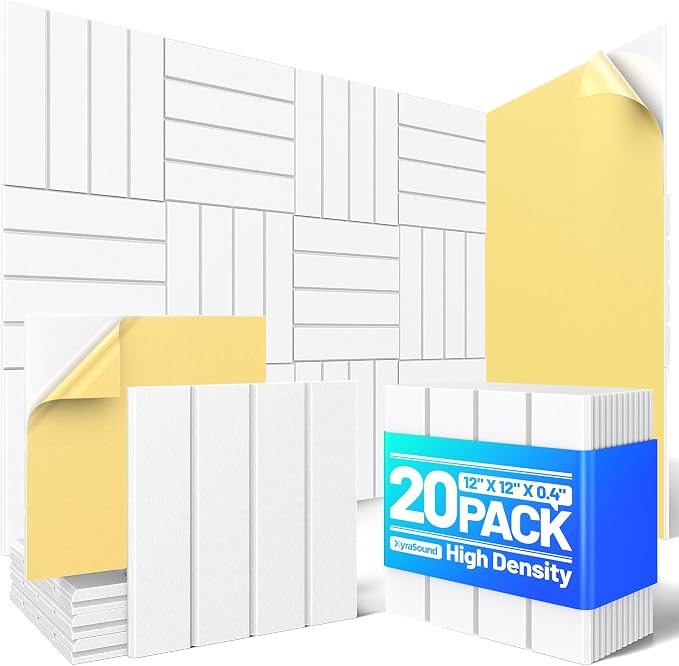 20 Pack Sound Proof Foam Panels for Walls, Acoustic Panels Self-Adhesive | 12" X 12" X 0.4" Slatted Soundproof Wall Panel, High Density Sound Absorbing Panel for Gaming Recording Studio Decor-White by Unknown