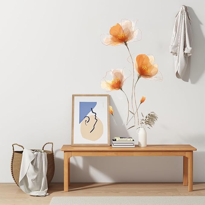 ANNA QUEEN Minimalist Orange Flower Wall Decals Peel and Stick Modern Floral Wall Stickers Removable Vinyl Botanical Wall Decor for Living Room Bedroom Hallway Elegant Wall Art - Image 7