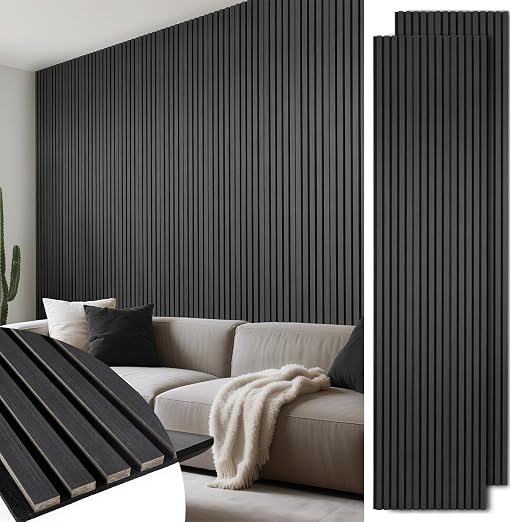 Acoustic Wood Slat Panels, Soundproof Wooden Wall Panels, 3D Fluted Panel for Interior Wall Decor, Living Room, Bedroom (Black, 106 * 47.2 inch) by LARWORKS