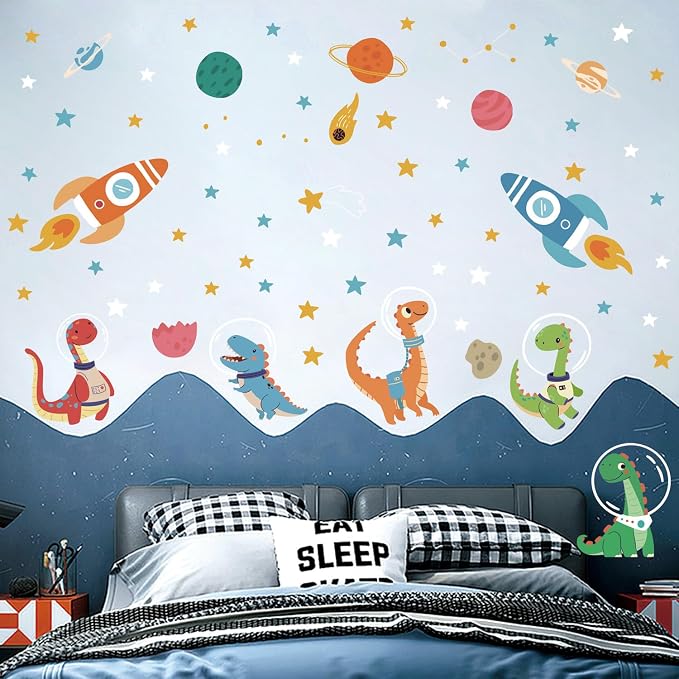 LHIUEM Cute Dinosaurs Astronaut Decal for Nursery,Outerspace Rocket Double Sided Window Clings,Solar System Classroom stickers,Planets Galaxy Gift for Kids Room,Transparent Celestial Stars Wall Decals by LHIUEM