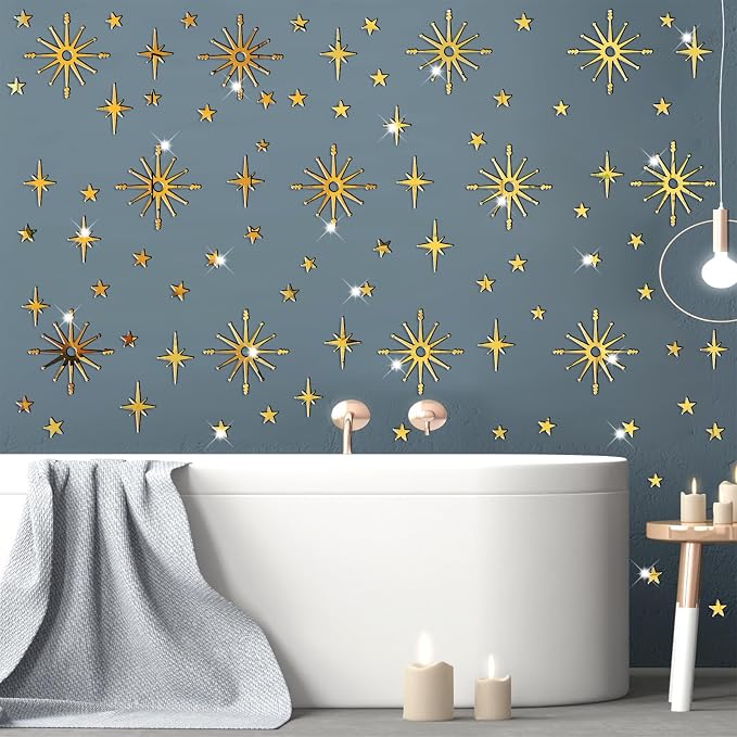 Star Wall Decals MCM Starburst Stickers Golden Mirror Decal Peel and Stick | Celestial decor, sparkle wall stickers, modern mid century decor, removable art mural, for kids bedroom living room farmhouse - Image 9
