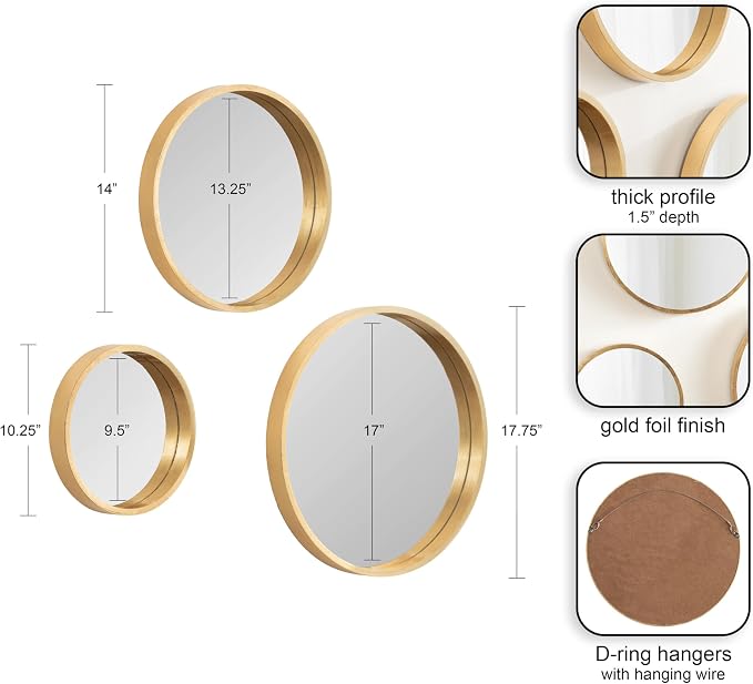 Kate and Laurel Travis Modern Round Wall Mirror Set; Set of 3; Varying Sizes; Gold; Decorative Three-Piece Circle Mirror Set for Use as Bathroom Mirror Decor or Gallery Wall Mirrors - Image 2