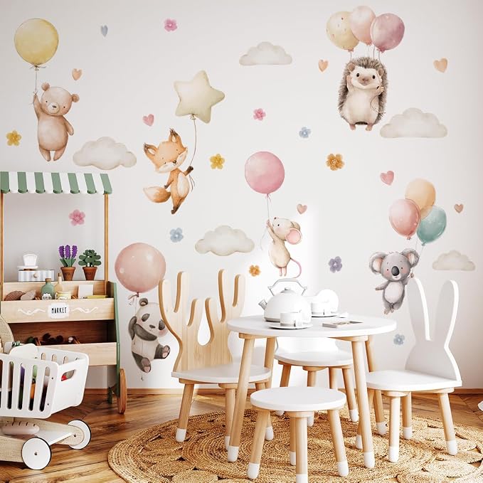 Watercolor Jungle Animal Wall Decal, Removable Nursery Woodland Animals,Cloud,Stars,Balloon Wall Stickers for Kids Boys and Girls Room, Bedroom & Toddler Room Decor (Balloon Animal Decals 85) - Image 3