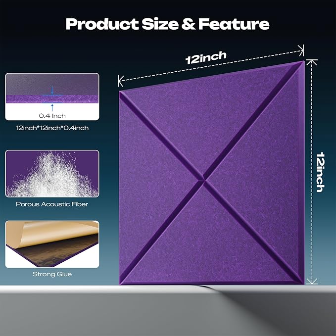 Sonicism 12 Pack X-Lined Acoustic Panels with Self-Adhesive, 12"X 12"X 0.4" Sound Proof Foam Panels, Decorative Soundproof Wall Panels, Sound Absorbing Tile for Home & Offices, Violet - Image 2