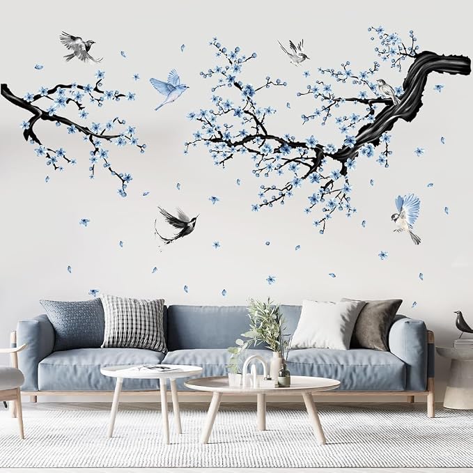 Blue Floral Wall Sticker Hanging Flower Vine Room Decor Large Tree Branch Wall Decals Peel and Stick Birds Wall Stickers for Bedroom Living Room - Image 3