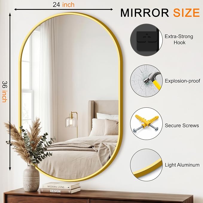 Oval Bathroom Mirror, 24"x36" Gold Vanity Mirror for Over Sink - Image 2