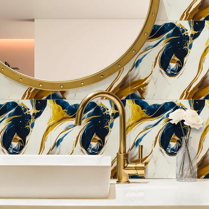Peel and Stick Wall Panels, Self-Adhesive Waterproof Tile Look Wallpaper, Blue and Gold Marble Design, 2.4mm Thick, 30 Sheets - Image 2