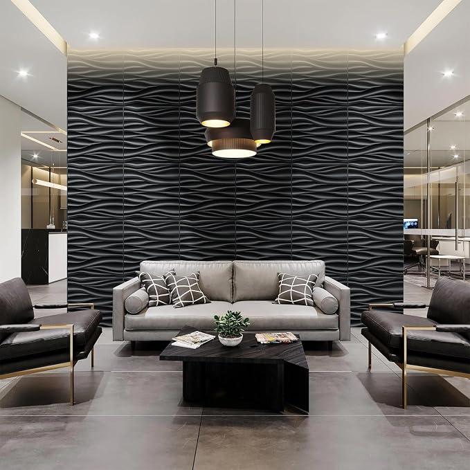 STICKGOO Black 3D Wall Panels, Wave Design, 19.7''x19.7'' | Accent Wall Panels for Interior Wall Decor, Living Room, Bedroom, Office, Pack of 12 - Image 3