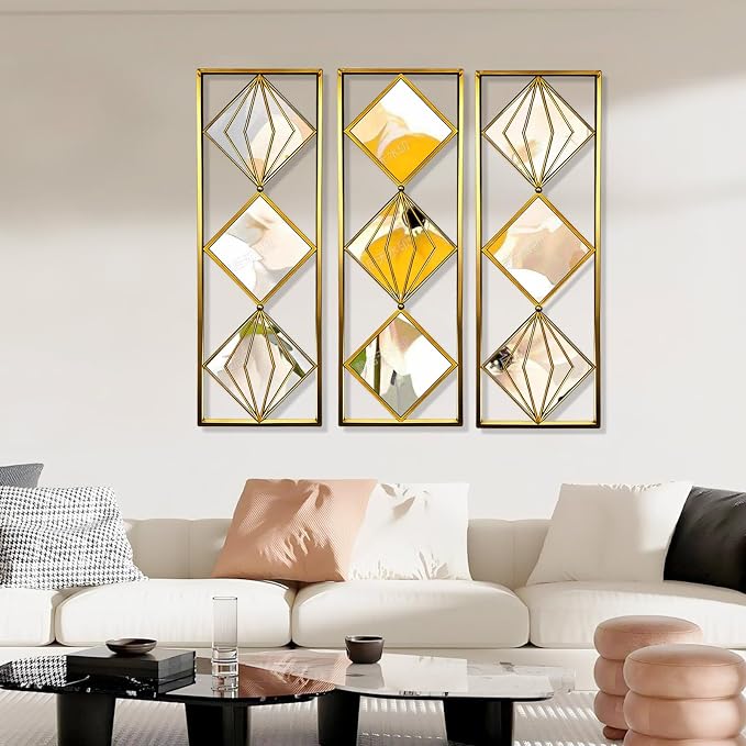 Set of 3 Large Gold wall Mirror Decor, Gold Rust Resistant Metal Frame Decorative Mirror, Rectangula Layout Wall Mount Mirror for Living Room Bedroom Entryway, Dual Use Decor Grooming - Image 8