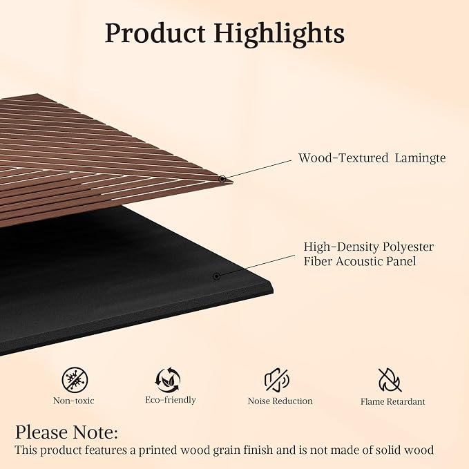 Acoustic Wall Panels, 6 Piece 23.62"X 23.62" PVC Peel and Stick Wall Panels | High-Density Polyester Fiber Self Adhesive Soundproofing for Interior Wall Décor, Recording Studios, Walnut - Image 3