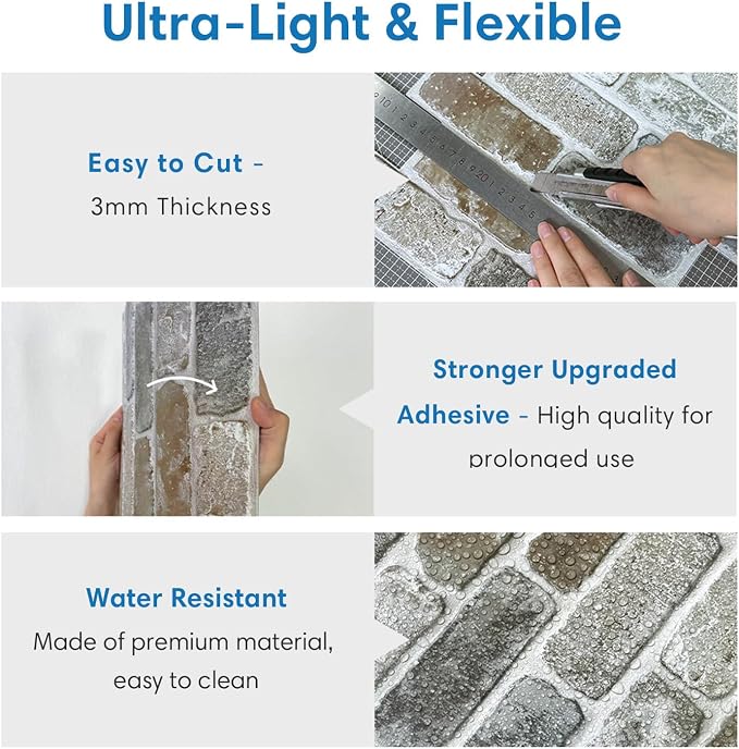 COMSTICKC 3D Faux Brick Wall Panels Peel and Stick, 10 Pcs 11.8" x 11.8" | Vintage Brown Gray, Not Real Brick, Small Size Ultra-Light Thin PVC 3D Fake Brick Wall Sticker for DIY Decor, Cover 9.7 sq ft - Image 4