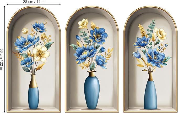 decalmile 3D Flower Vase Blue Floral Gold Leaves TV Wall Decals Stickers - Image 4