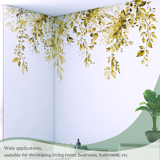 Yellow Plants Leaves Wall Decals Peel and Stick, Large Floral Flowers Vinyl Wall Stickers, Removable Vine Home Decor Art for Bedroom Living Room Classroom Office - Image 4