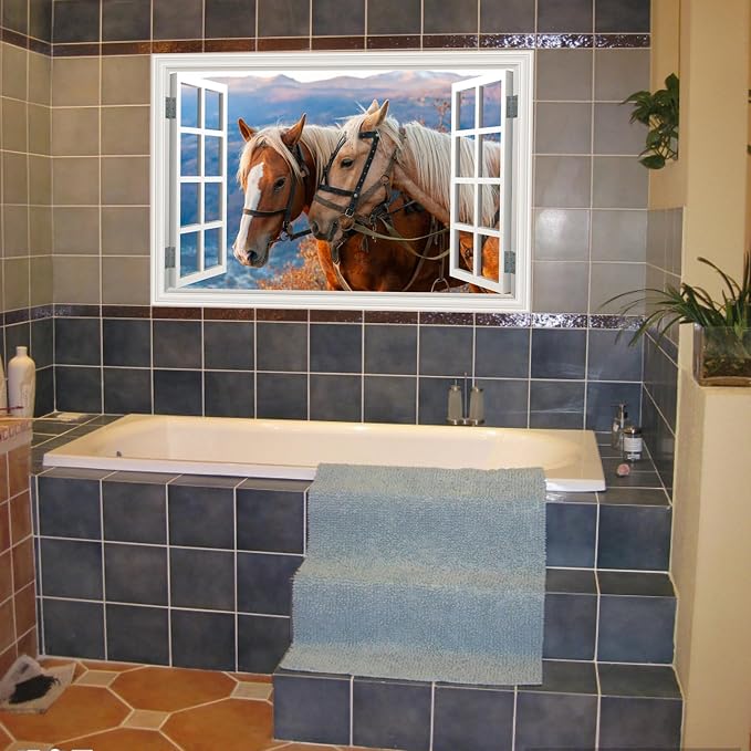 Fake Window Wall Mural -Horse Faux Window Poster Wall Art Decor, Stick and Peel Wallpaper Natural Scenery Decol Horse Ranch Farm Animals Scene （48"x32",Set of 2 Sheets） - Image 7