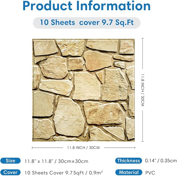 COMSTICKC 3D Peel and Stick Faux Stone Wall Panels for Quick DIY Wall Decor | Brown, 10 Pcs 11.8" x 11.8", Not Real Stone, Thin PVC Decorative Wall Sticker Designed for Wall Makeover, Cover 9.7 sq ft - Image 5