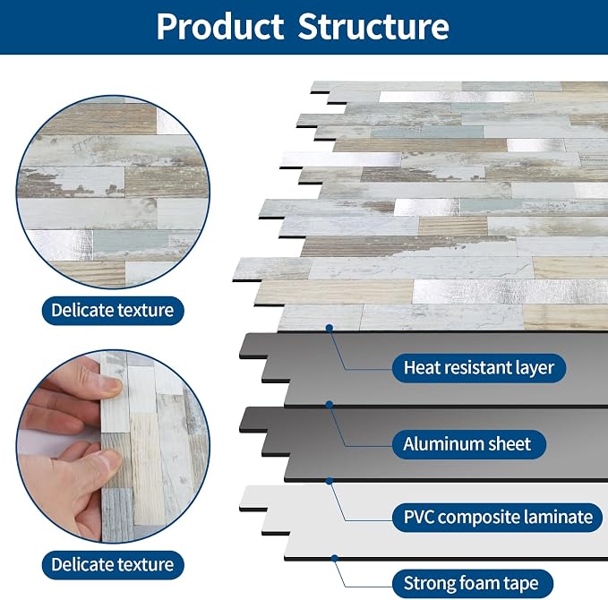 Yipscazo 20 Sheets Peel and Stick Wood Metal Tile Backsplash, Stick on Tiles for Backsplash Kitchen, Bathroom, Laundry Room, Camper, Fireplace (12'' X 12'', White Wood with Metal) - Image 7