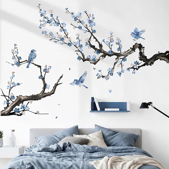 Peelora Watercolor Blue Flower Branch Wall Stickers Blossom Tree Branch Floral Bird Wall Decals Living Room Bedroom Tv Background Self-Adhesive Home Decor Stickers by Unknown