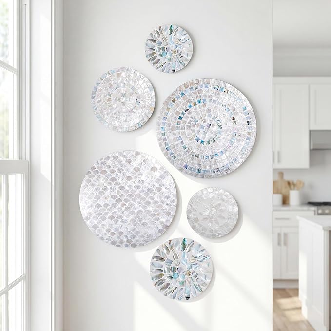 Novabright 6 Pcs Shell Wall Decor 11.8 Inches Natural Mother of Pearl Shell Plate Coastal Wall Art Mosaic Sculpture Handmade Hanging Plates Arts for Bedroom Bathroom Home Office Hotel - Image 5