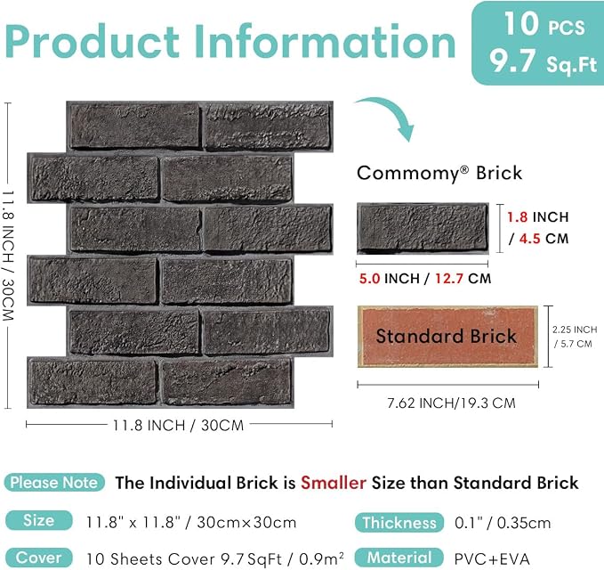 Commomy 3D Wall Panels Peel and Stick Faux Brick 10 Pcs 11.8" x 11.8" | Small Size Thin PVC Brick Wallpaper Tiles Backsplash for Kitchen,Bedroom,Living Room,Quick DIY Wall Decor(Covers 9.7 sq.ft) - Image 6