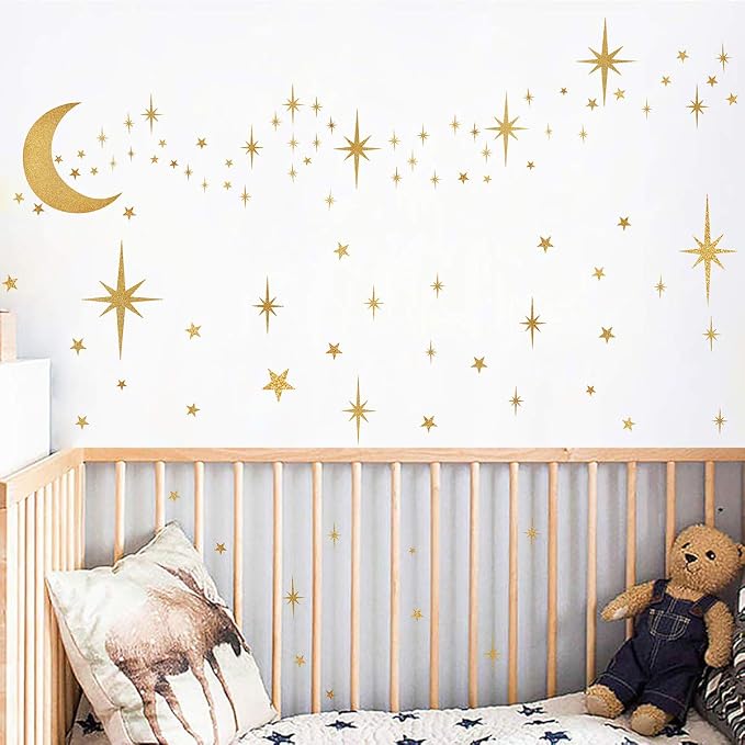 Retro Starburst Wall Decals Stars Wall Sticker Star Moon Vinyl Decal Golden | Celestial decor, sparkle wall stickers decoration, peel and stick, removable art mural, for girls bedroom living room nursery - Image 6