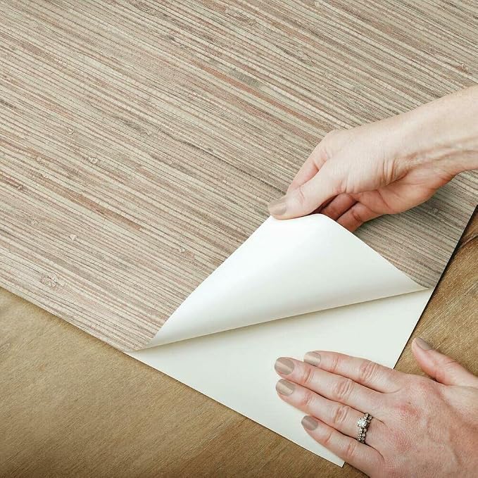 RoomMates RMK11560WP Pink and Taupe Faux Grasscloth Non-Textured Peel and Stick Wallpaper,Pink & Taupe, Roll - Image 2