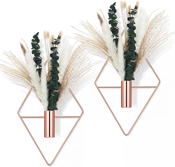 Canlierr 4 Pcs Rose Gold Wall Decor Hanging Planters with Artificial Plants Eucalyptus Pampas Grass Metal Hanging Vase Indoor Plants Holder Modern Boho Wall Art for Bathroom Bedroom Living Room Decor by Canlierr