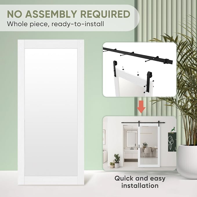 JUBEST 42x84 in Mirror Barn Door and 7FT Sliding Door Hardware Kit Included, White Full Length Mirror, Solid Wood Panel Covered with Water-Proof PVC Surface, No Assembly Required - Image 3