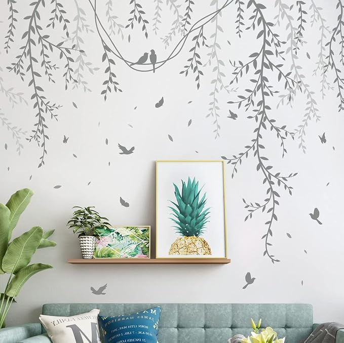 Amaonm Removable Hanging Vines Wall Stickers DIY Green Leaves Plant Grass Wall Decals Peel and Stick Flower Vine Decor for Kids Baby Girls Nursery Bedroom Living Room Offices Classroom Grey - Image 4