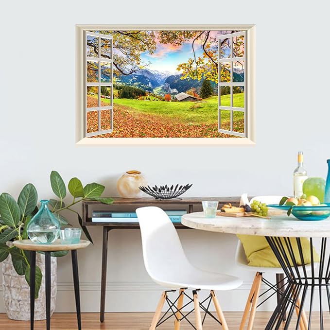 Fake Window Wall Decal- Fall Mountain Tree Grassy Hills Open Wall Sticker | Faux Window Autumn Mountain Rustic Hut Natural Landscape Mural｜Stick and Peel Wall Decals｜Room Decor｜48"x32",Set of 2 Sheets - Image 9
