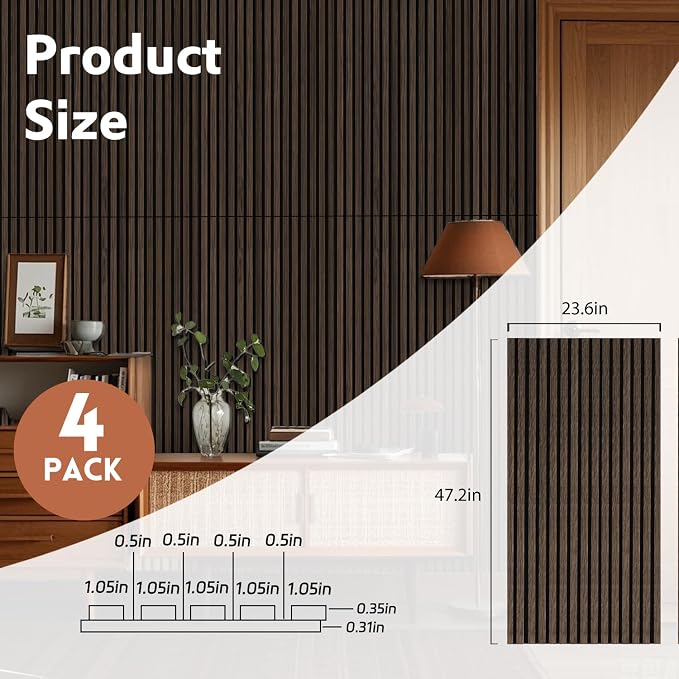 4 Pack Wood Panels for Wall, 47.2"×23.6" Wood Slat Acoustic Panels for Wall, Soundproof Panels, 3D Fluted Panels for Interior Decor (Dark Walnut) - Image 2
