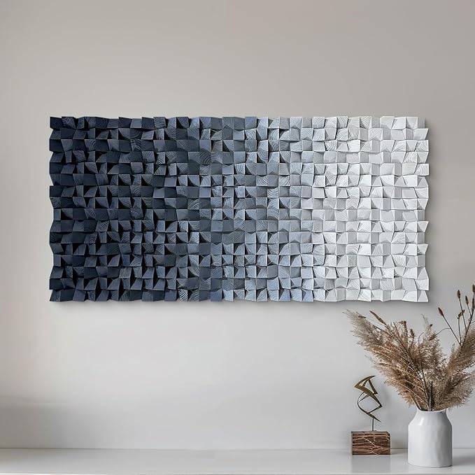 LIUZEYUE Blue and White Textured Wood Wall Art, Monochrome Block Gradient | extra large carved wood wall art; black and white, block shadow depth; stair landing narrow-wall centerpiece; 23.6 x 47.2 in - Image 7