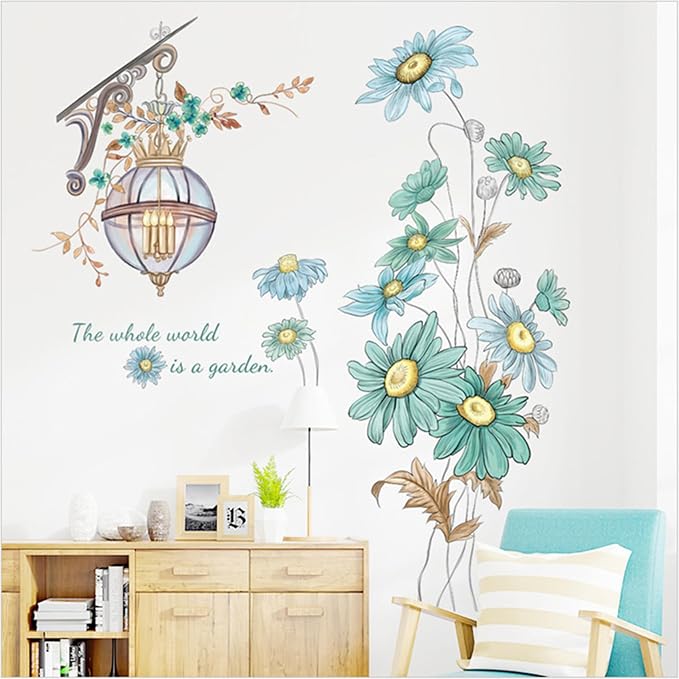 Blue Sunflower Wall Decals Vinyl Stickers, Flower Butterfly Decal Art Murals, Flower Pattern Self-Adhesive Wall Stickers for Girls Bedroom Living Room Nursery Decor - Image 4