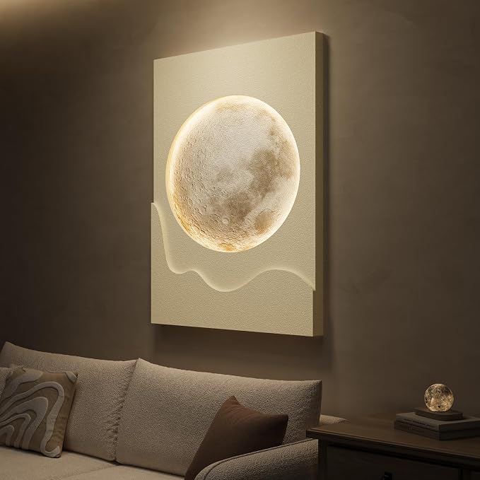 Cuspin Large White 3D LED Moon Wall Art, 24x36 In | Modern minimalist style, Warm lighted lunar, Cream tones textured design, For living room bedroom dining room hallway - Image 2